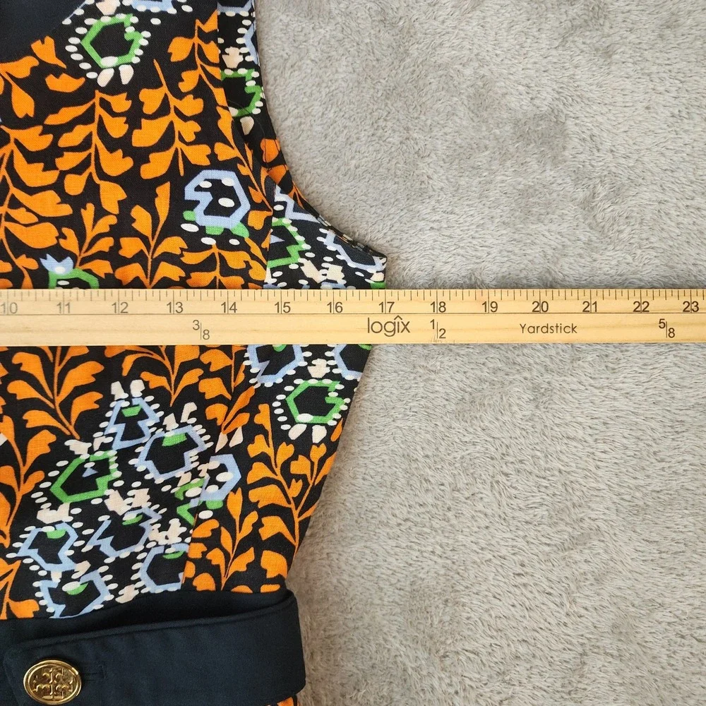 Tory Burch Dress Womens Size 2 Orange Navy Linen Floral‎ Shift Logo Buttons